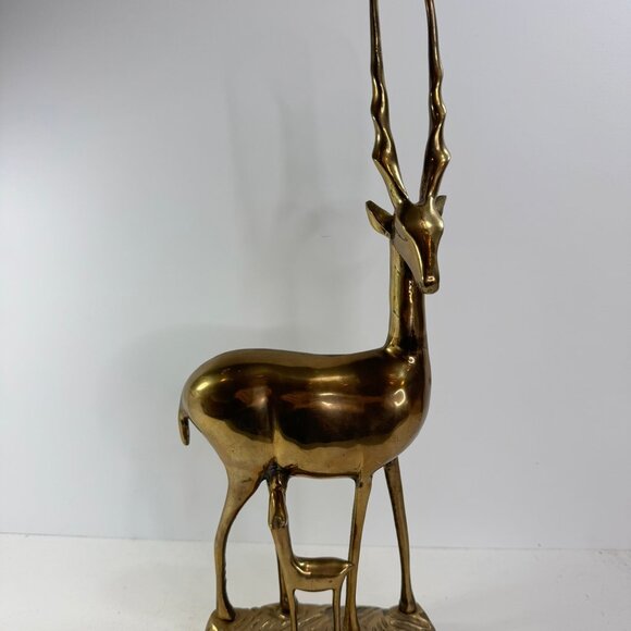 vtg brass gazelle or antelope nursing doe w/ baby figure sculpture mcm 15.5"